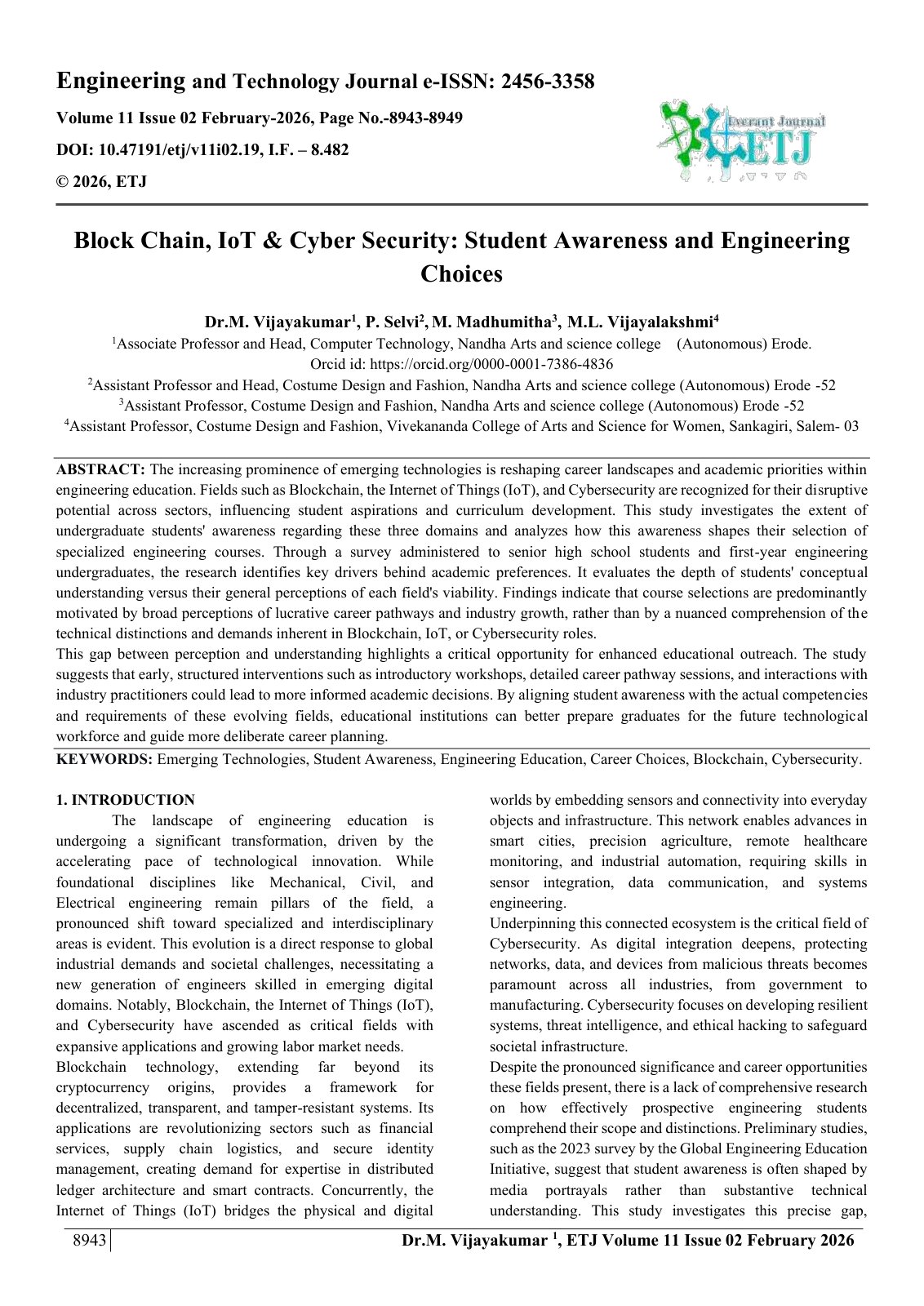First page of Block Chain, IoT & Cyber Security: Student Awareness and Engineering  Choices 