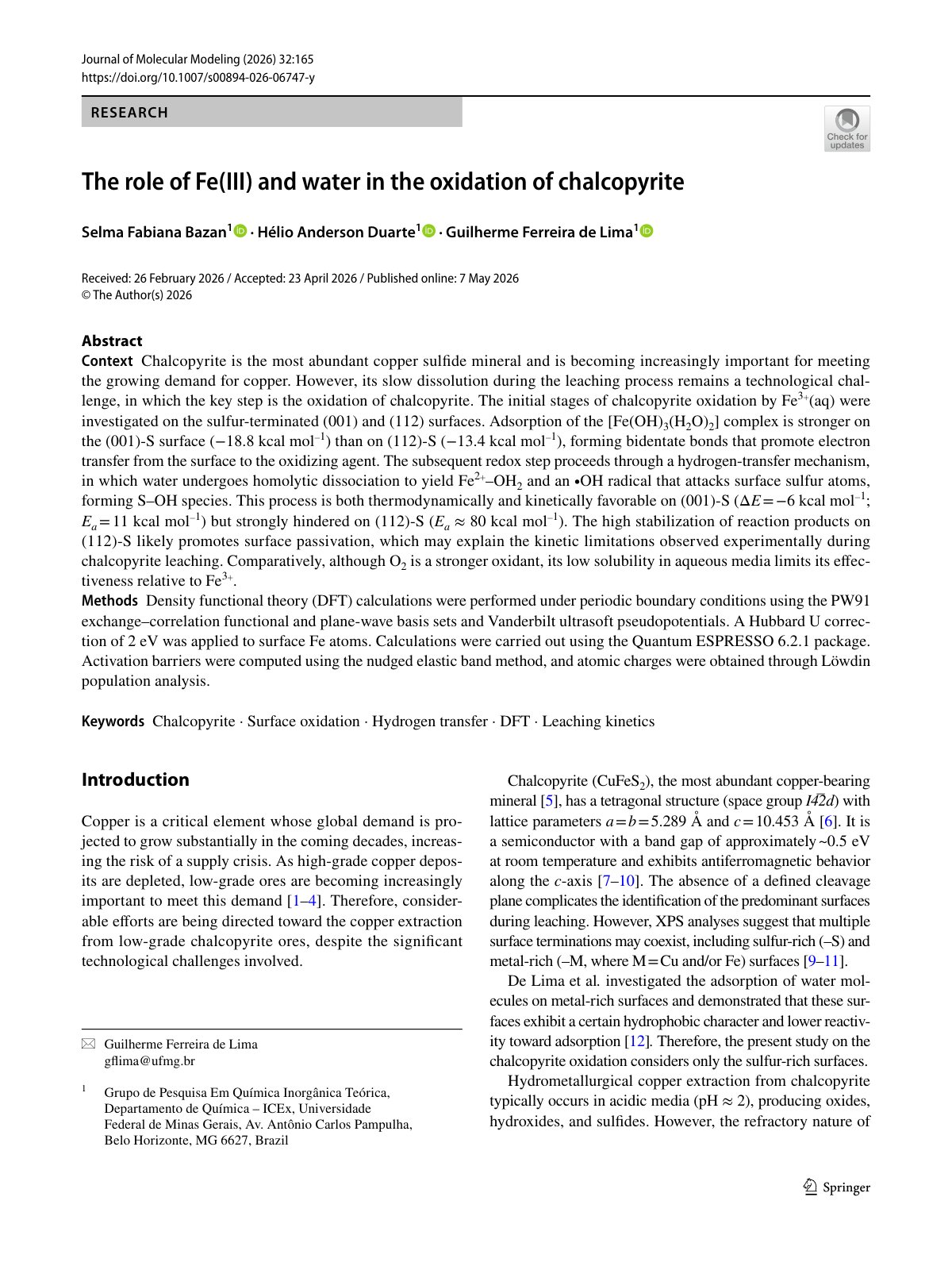 First page of The role of Fe(III) and water in the oxidation of chalcopyrite