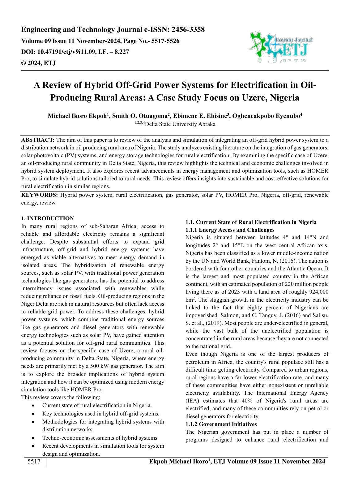 First page of A Review of Hybrid Off Grid Power Systems for Electrification in Oil