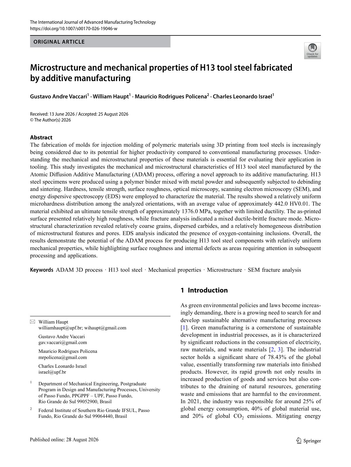 First page of 2026 Vaccari H13 Additive Manufacturing