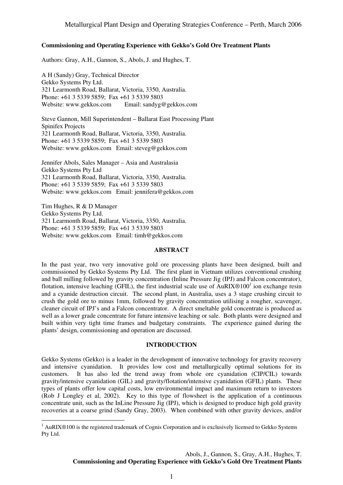 First page of Commissioning and Operating Experience w