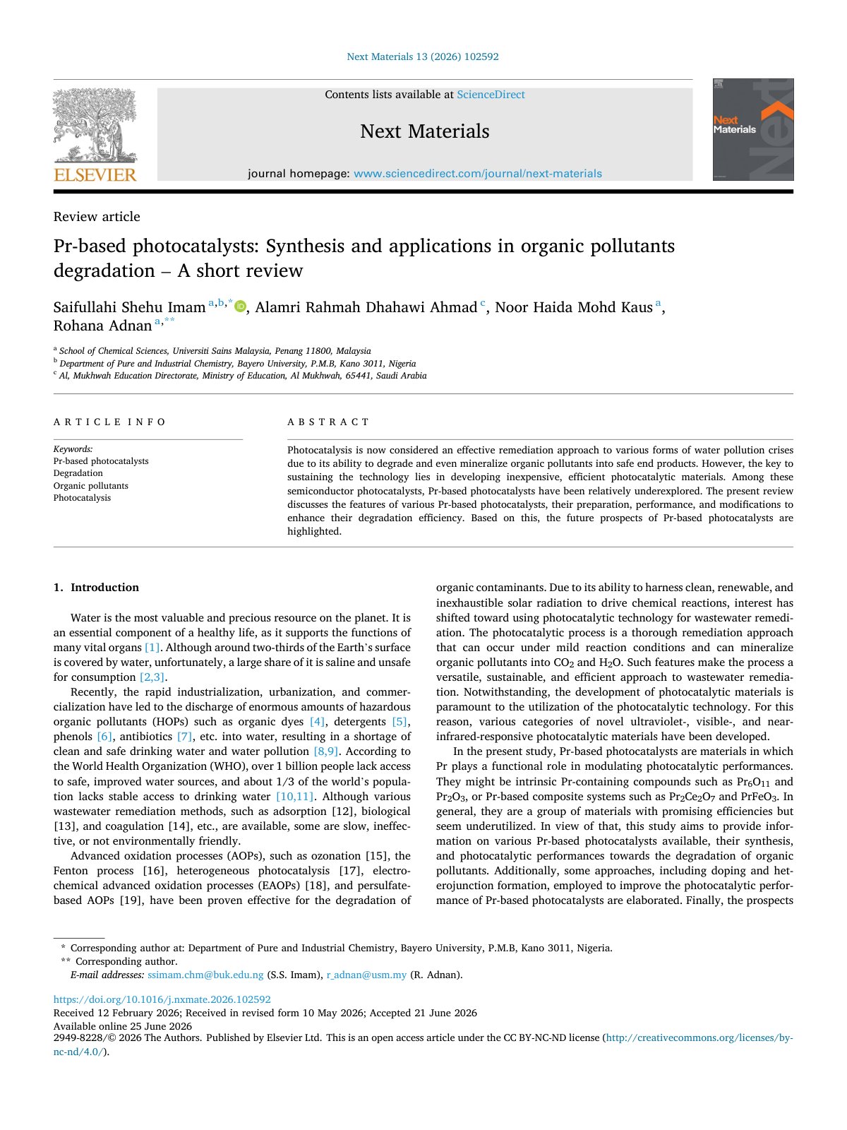 First page of Pr based photocatalysts  Synthesis and applications in organic 2026 Next Mat