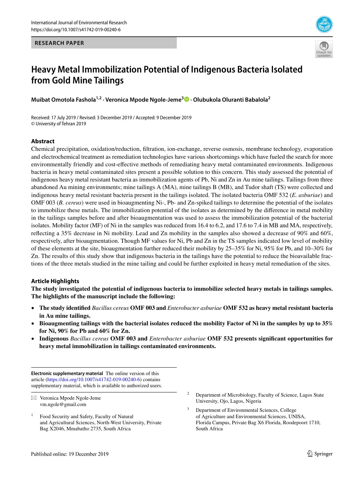 First page of Heavy Metal Immobilization Potential of