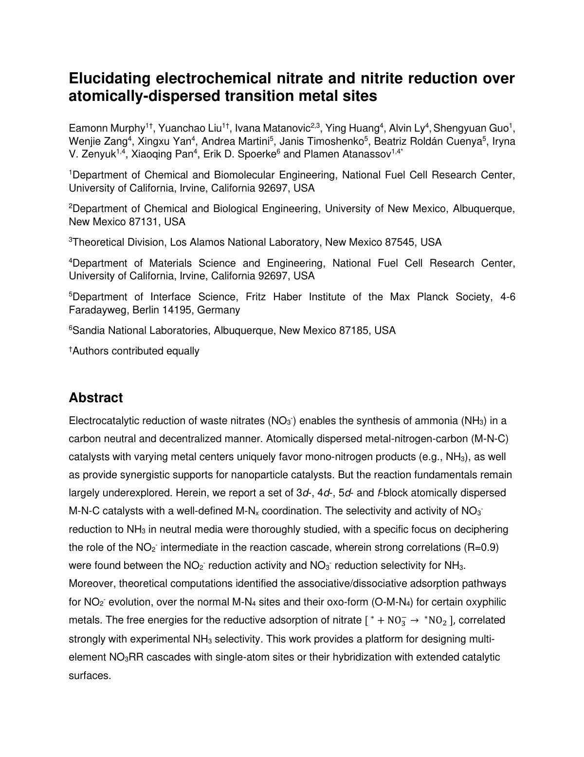 First page of Elucidating electrochemical nitrate and nitrite reduction over atomically-dispersed transition metal sites