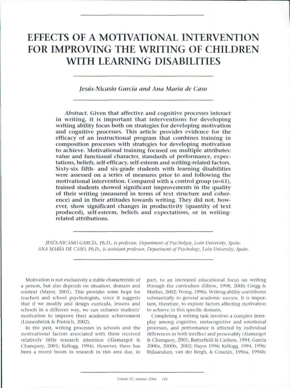 First page of EFFECTS OF A MOTIVATIONAL INTERVENTION FOR IMPROVING THE WRITING OF CHILDREN WITH LEARNING DISABILITIES