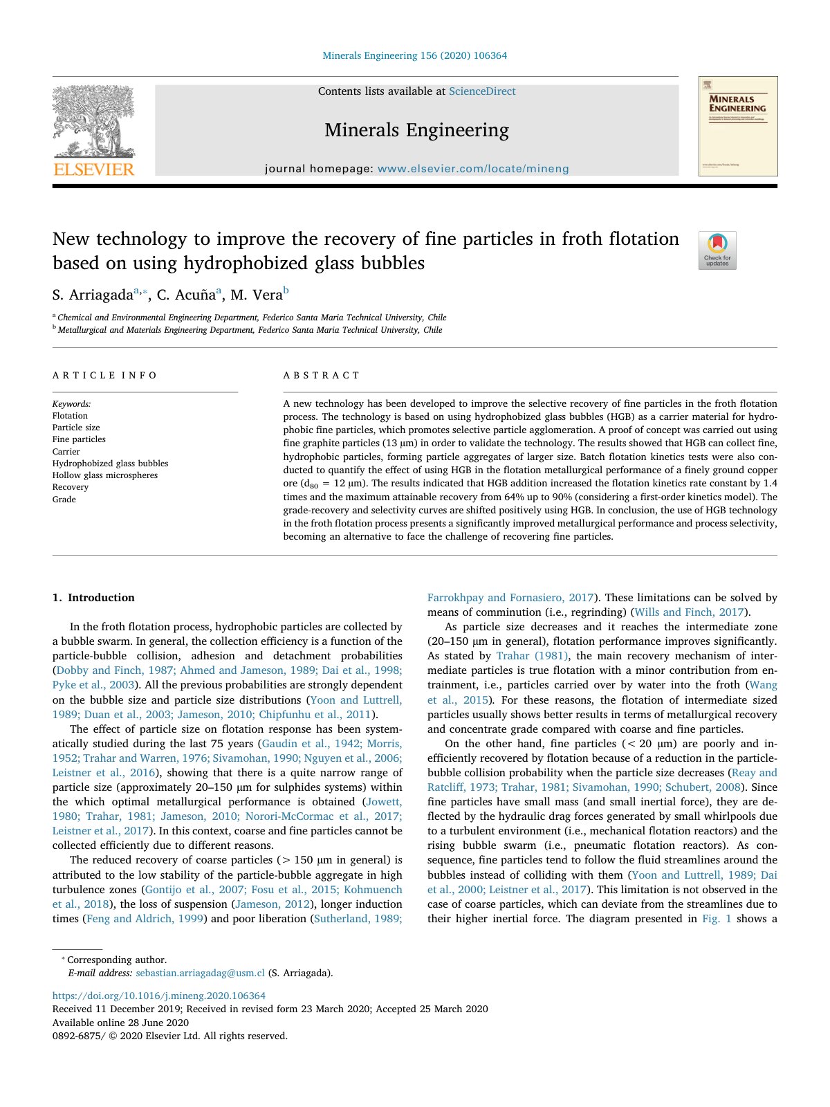 First page of New technology to improve the recovery of fine particles in  2020 Minerals E
