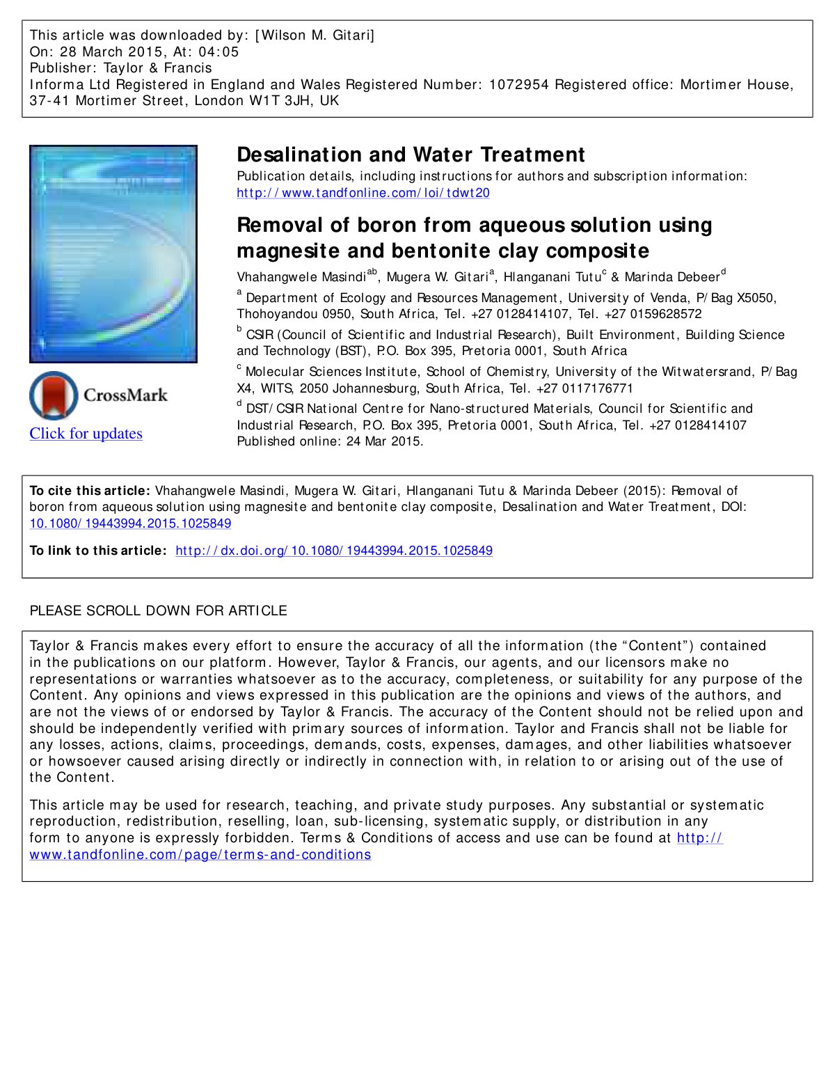 First page of Removal of boron from aqueous solution using magnesite and bentonite clay composite
