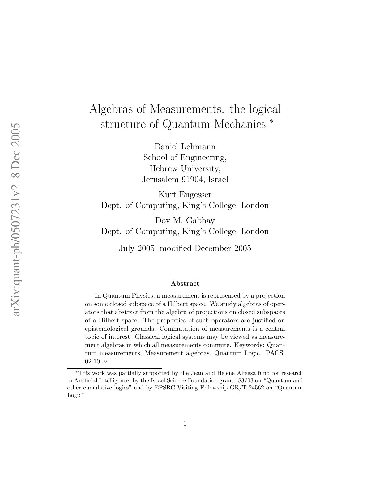 First page of Algebras of Measurements: the logical structure of Quantum Mechanics