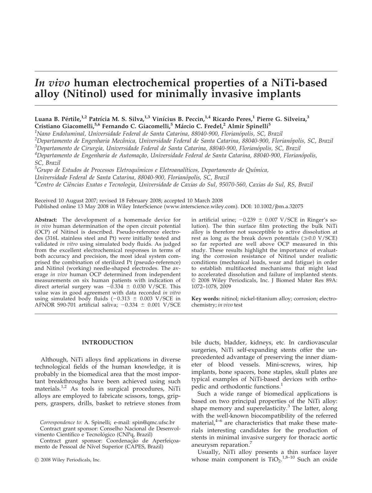 First page of In vivo human electrochemical properties of a NiTi-based alloy (Nitinol) used for minimally invasive implants