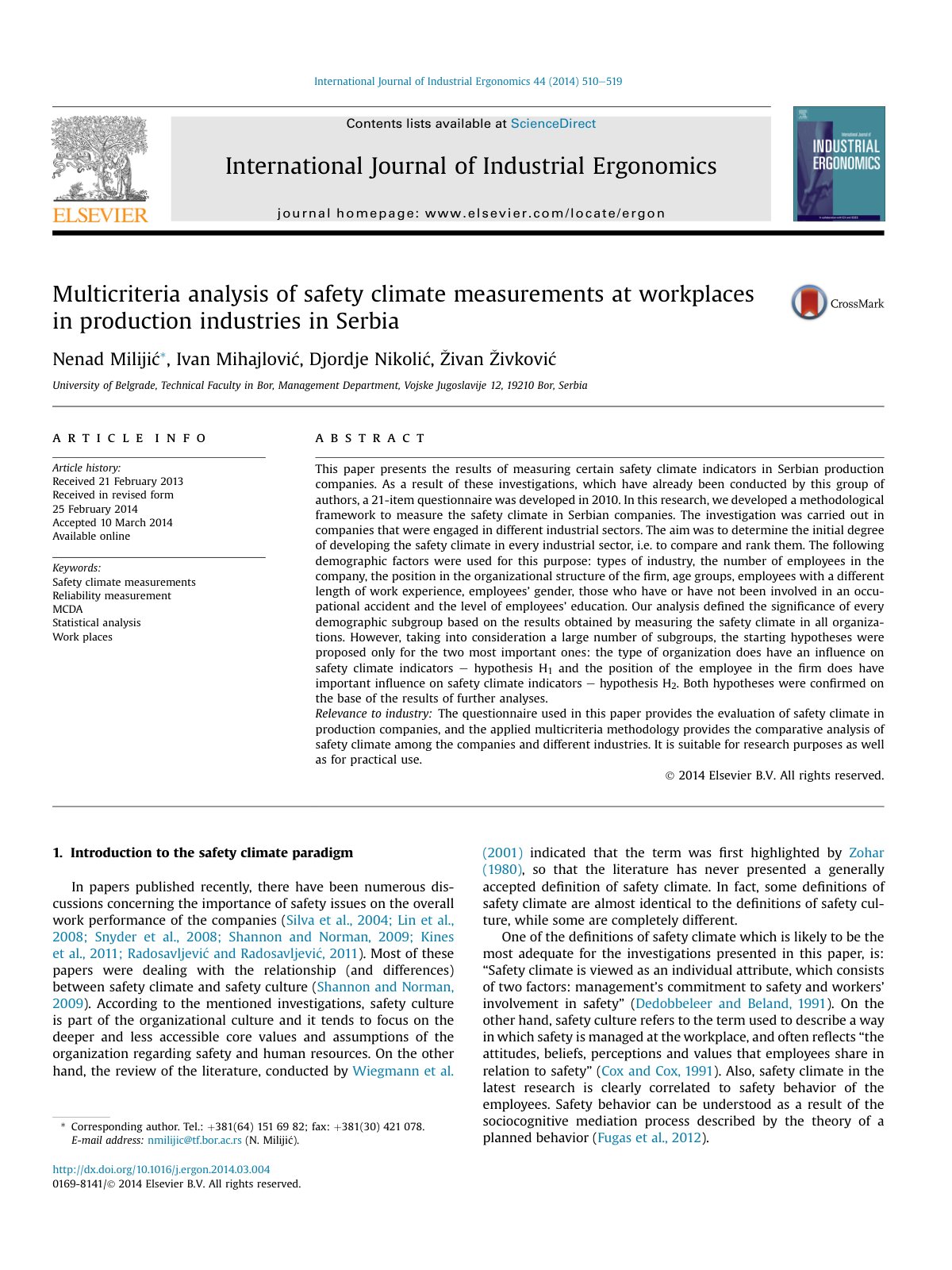 First page of Multicriteria analysis of safety climate