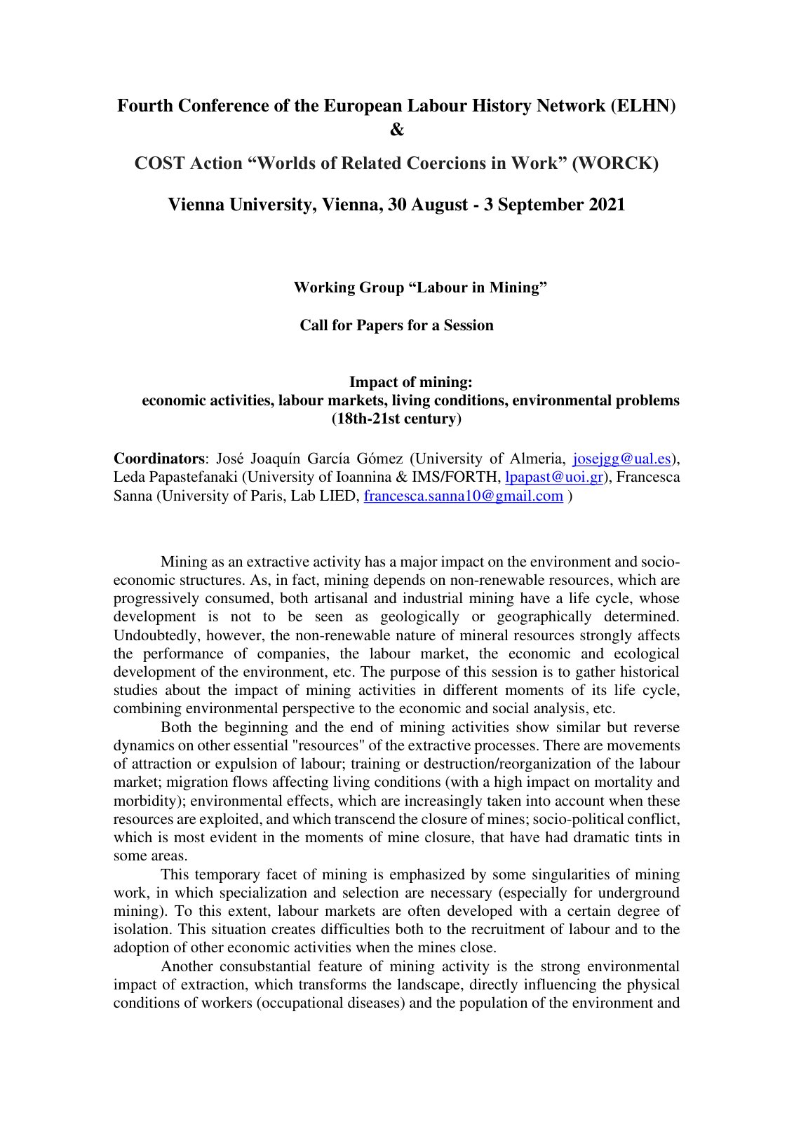 First page of CfP for a session Impact of mining econo