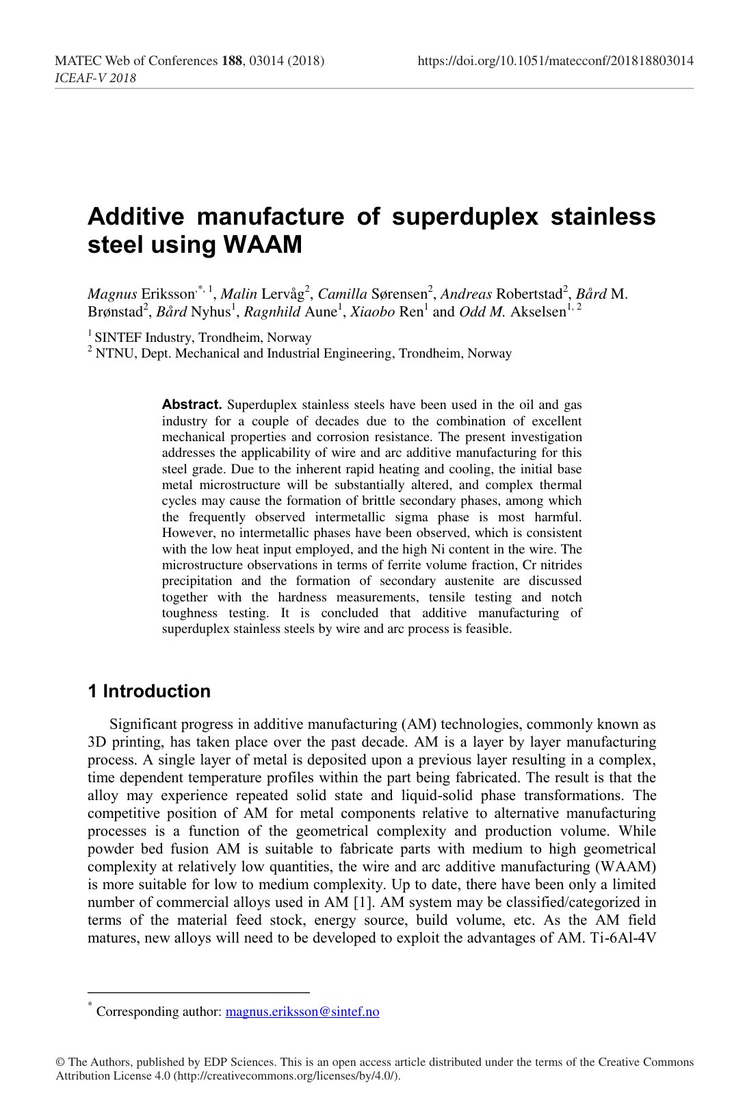 First page of Additive manufacture of superduplex stainless steel using WAAM