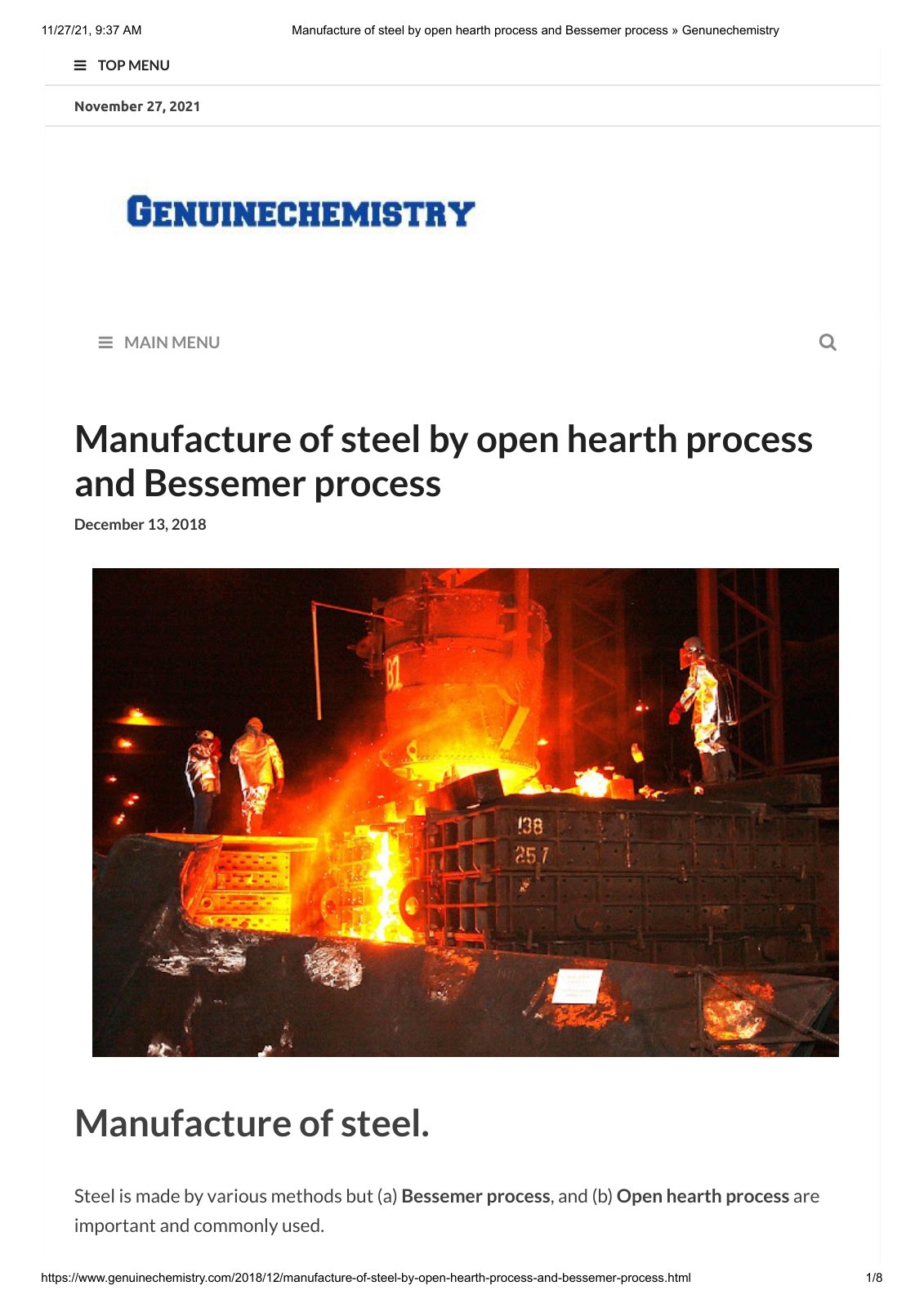 First page of Manufacture of steel by open hearth process and Bessemer process » Genunechemistry