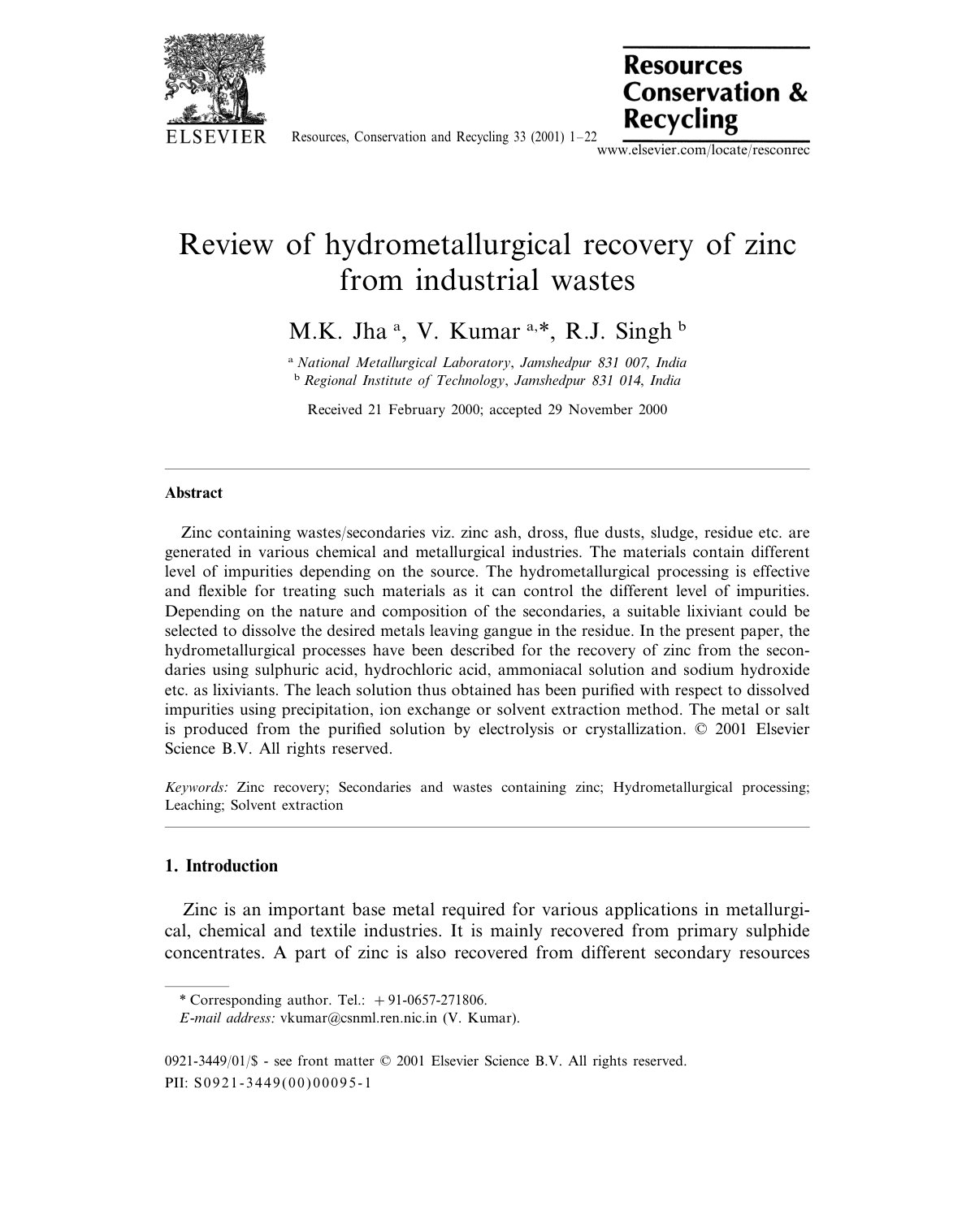 First page of Review of hydrometallurgical recovery of zinc from industrial wastes