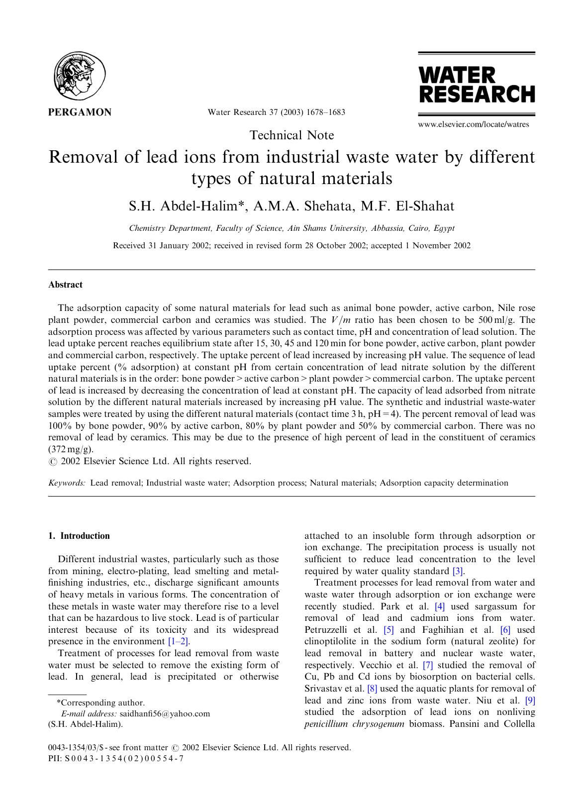 First page of Removal of lead ions from industrial was