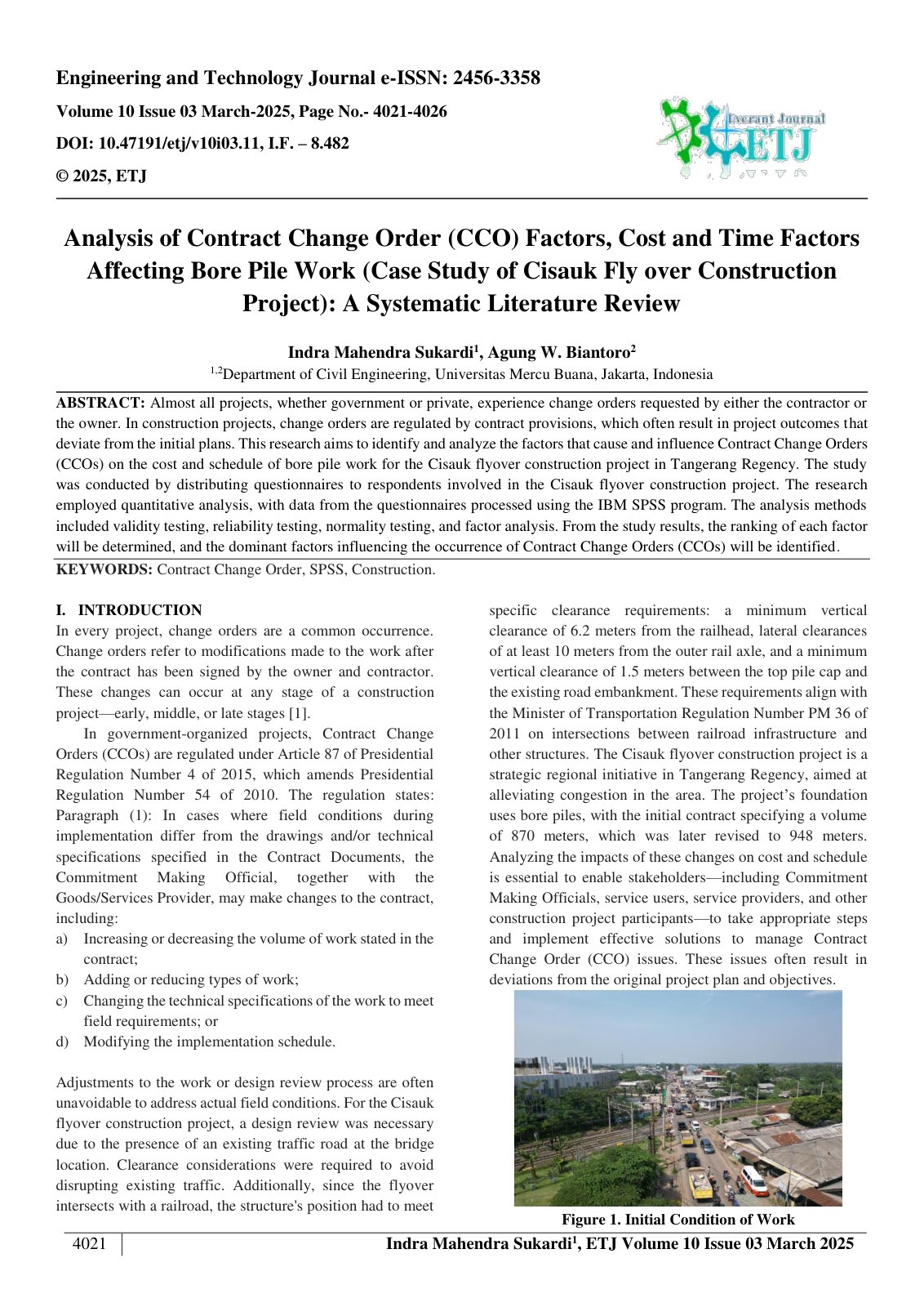 First page of Analysis of Contract Change Order (CCO) Factors, Cost and Time Factors  Affecting Bore Pile Work (Case Study of Cisauk Fly over Construction  Project): A Systematic Literature Review  