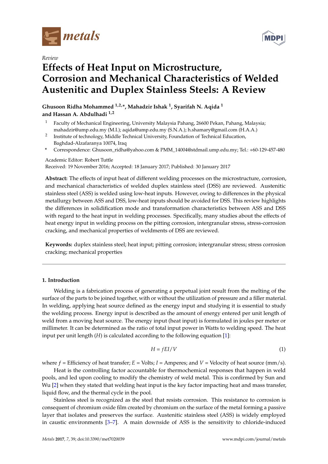 First page of Effects of Heat Input on Microstructure, Corrosion and Mechanical Characteristics of Welded Austenitic and Duplex Stainless Steels: A Review