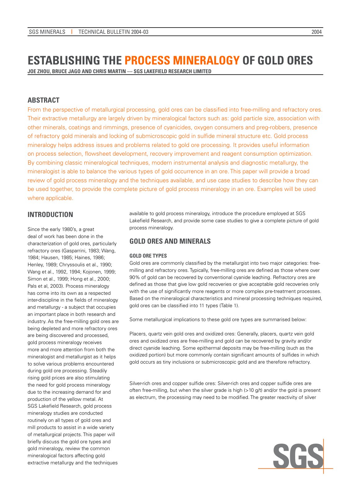 First page of Establishing thE ProcEss MinEralogy of g