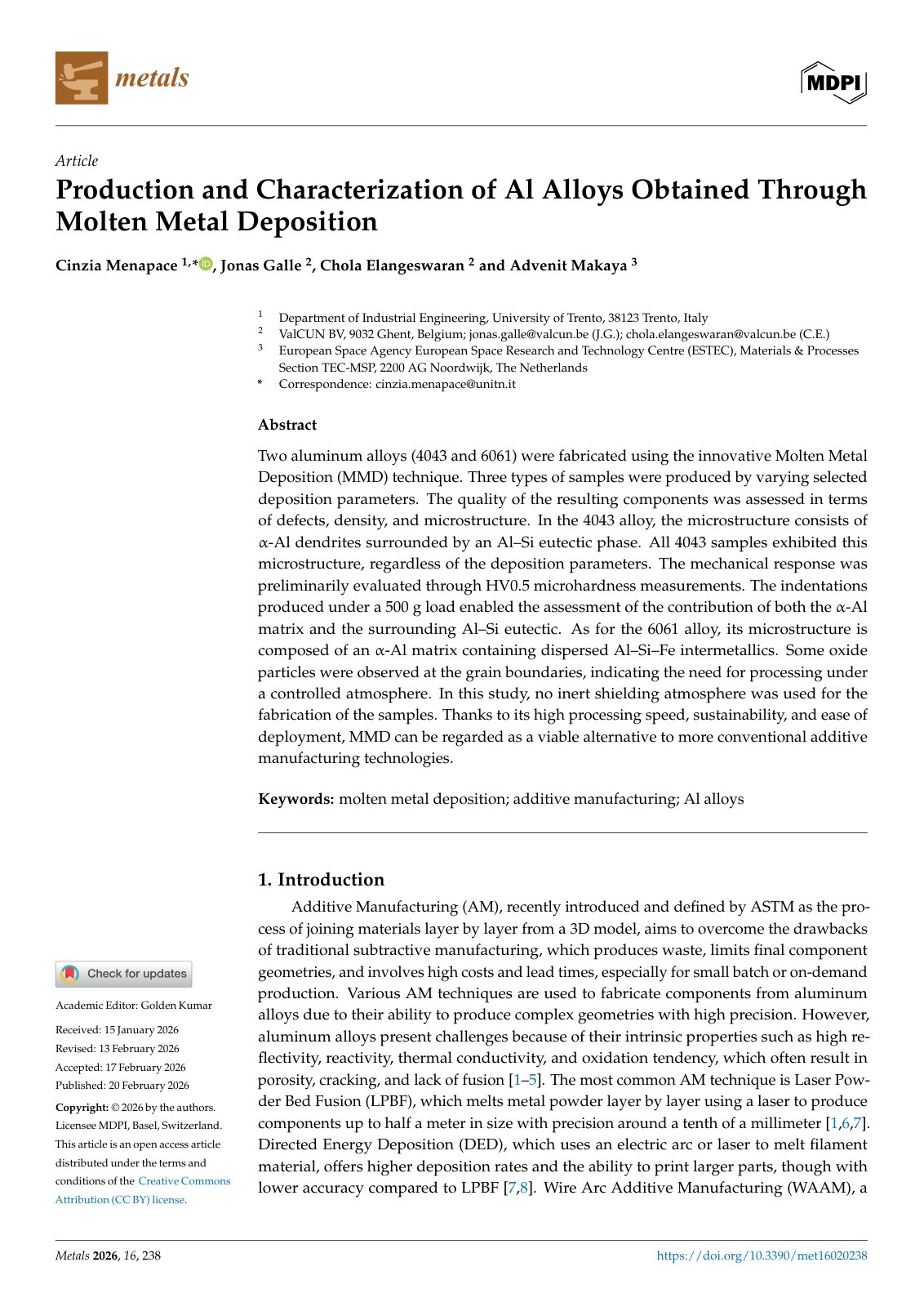 First page of 2026 Menapace Al Alloys Molten Metal Deposition