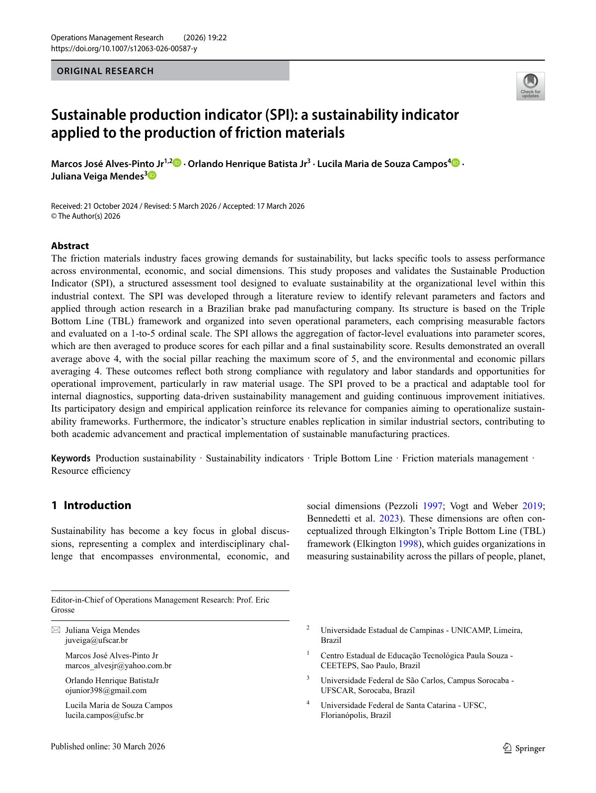 First page of 2026 SustainableproductionindicatorSPIasustainabilityindicatorappliedtotheproductionoffrictionmaterials