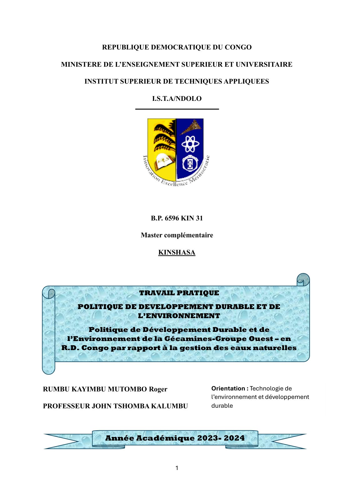 First page of Politique de Développement Durable et de l’Environnement de la Gécamines-Groupe Ouest – en R.D. Congo par rapport à la gestion des eaux naturelles