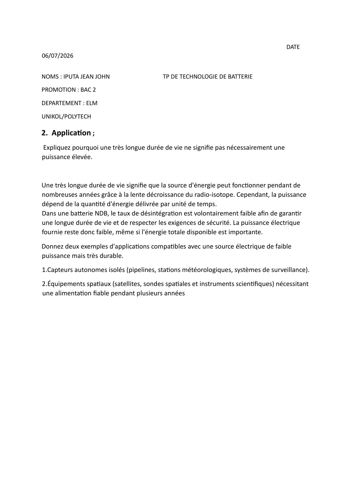 First page of TP  DE TECHNOLOGIE DE BATTERIE IPUTA JEAN JOHN bac2