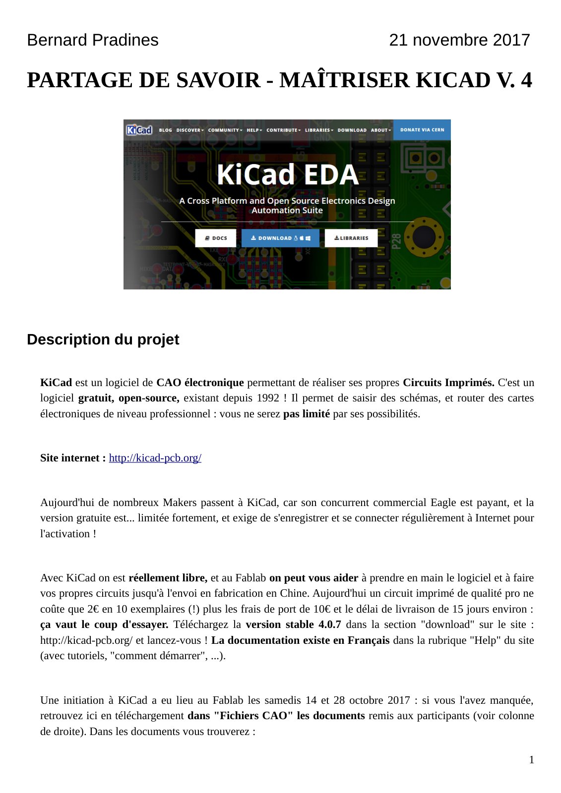 First page of PARTAGE DE SA VOIR - MAÎTRISER KICAD V . 4