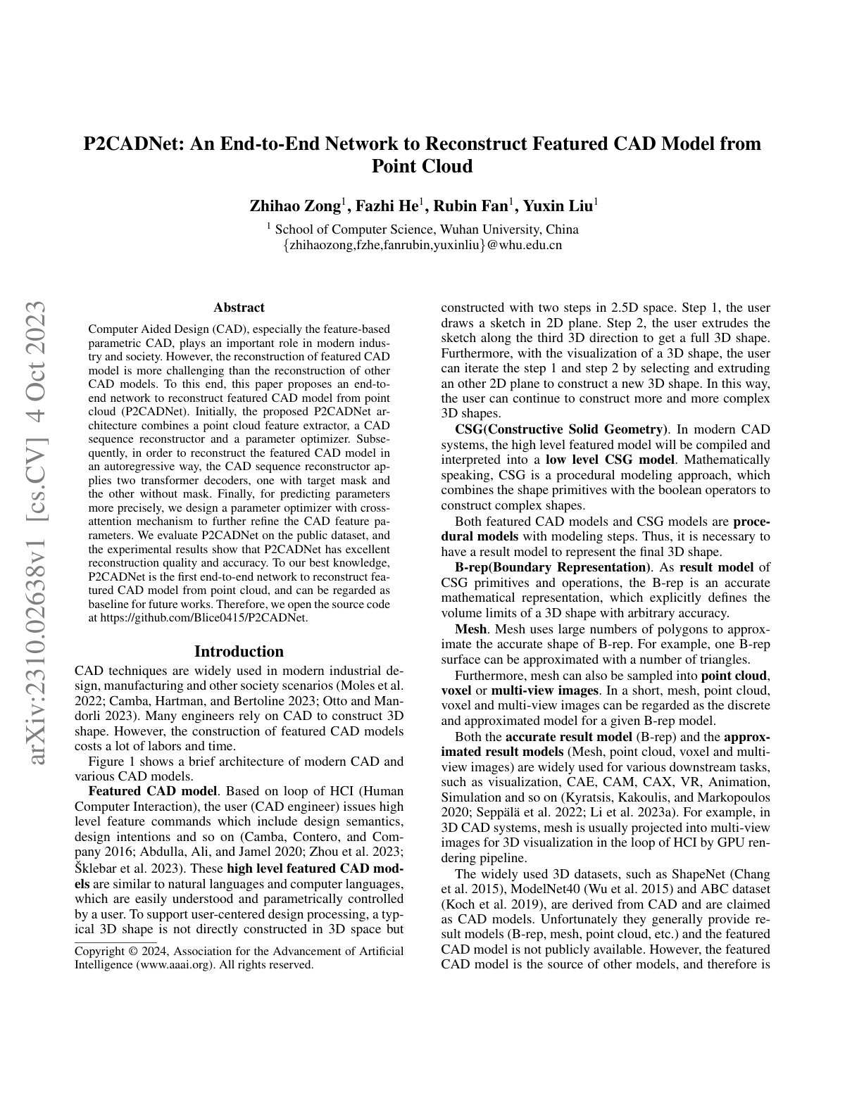 First page of 2023 Zong P2CADNet Parametric CAD Reconstruction (1)