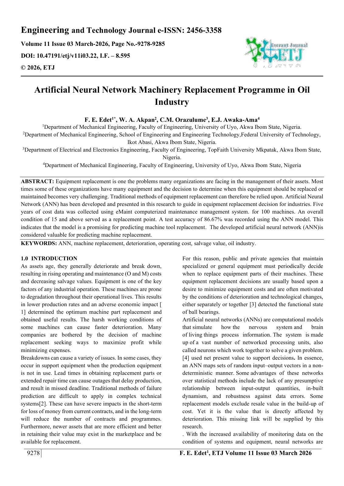 First page of Artificial Neural Network Machinery Replacement Programme in Oil  Industry