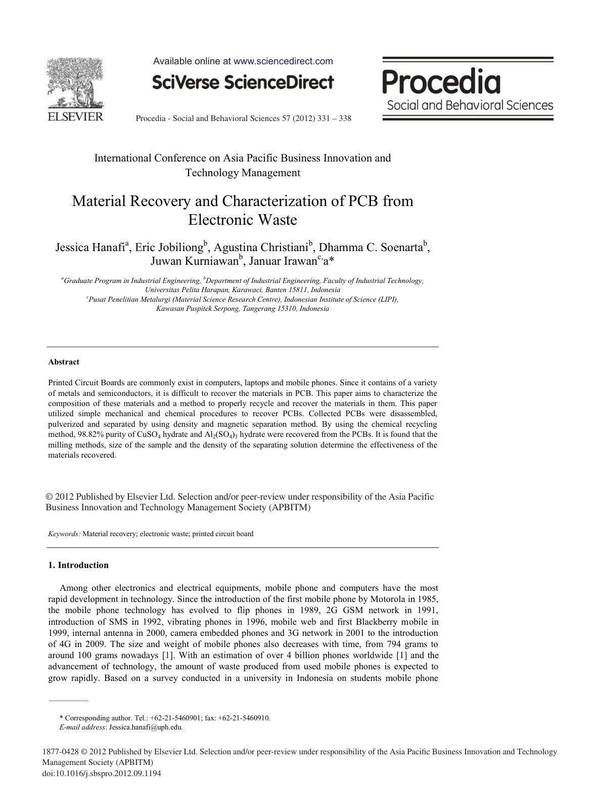 First page of Material Recovery and Characterization o