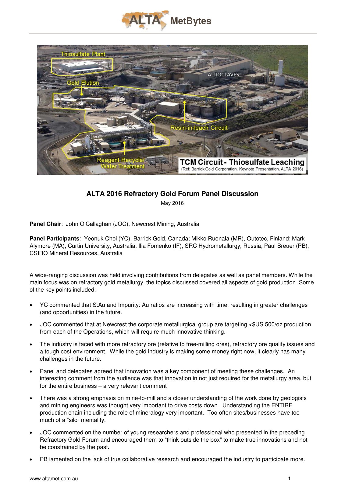 First page of ALTA MetBytes ALTA 2016 Refractory Gold Forum Panel Discussion