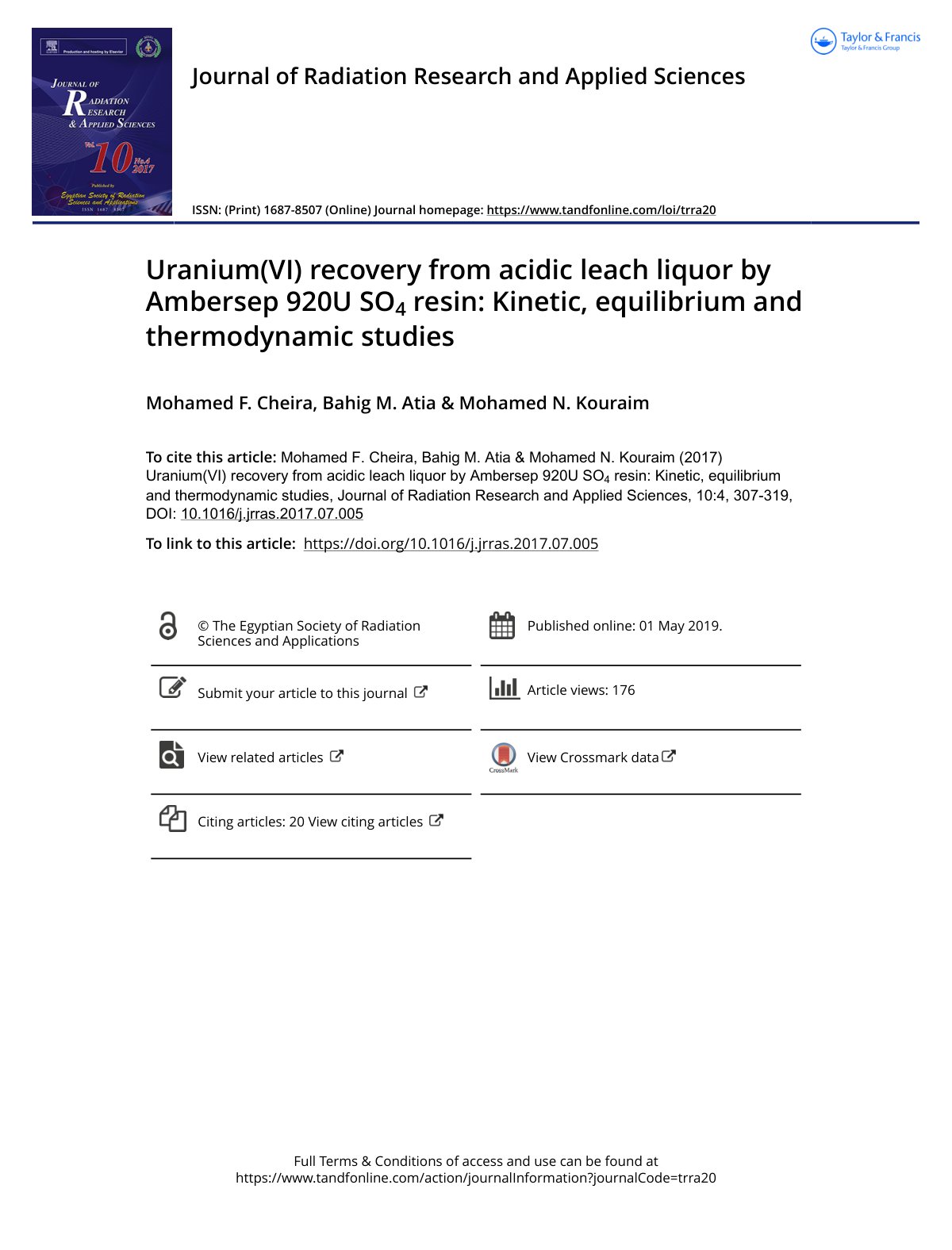 First page of Uranium(VI) recovery from acidic leach liquor by Ambersep 920U SO4 resin: Kinetic, equilibrium and thermodynamic studies