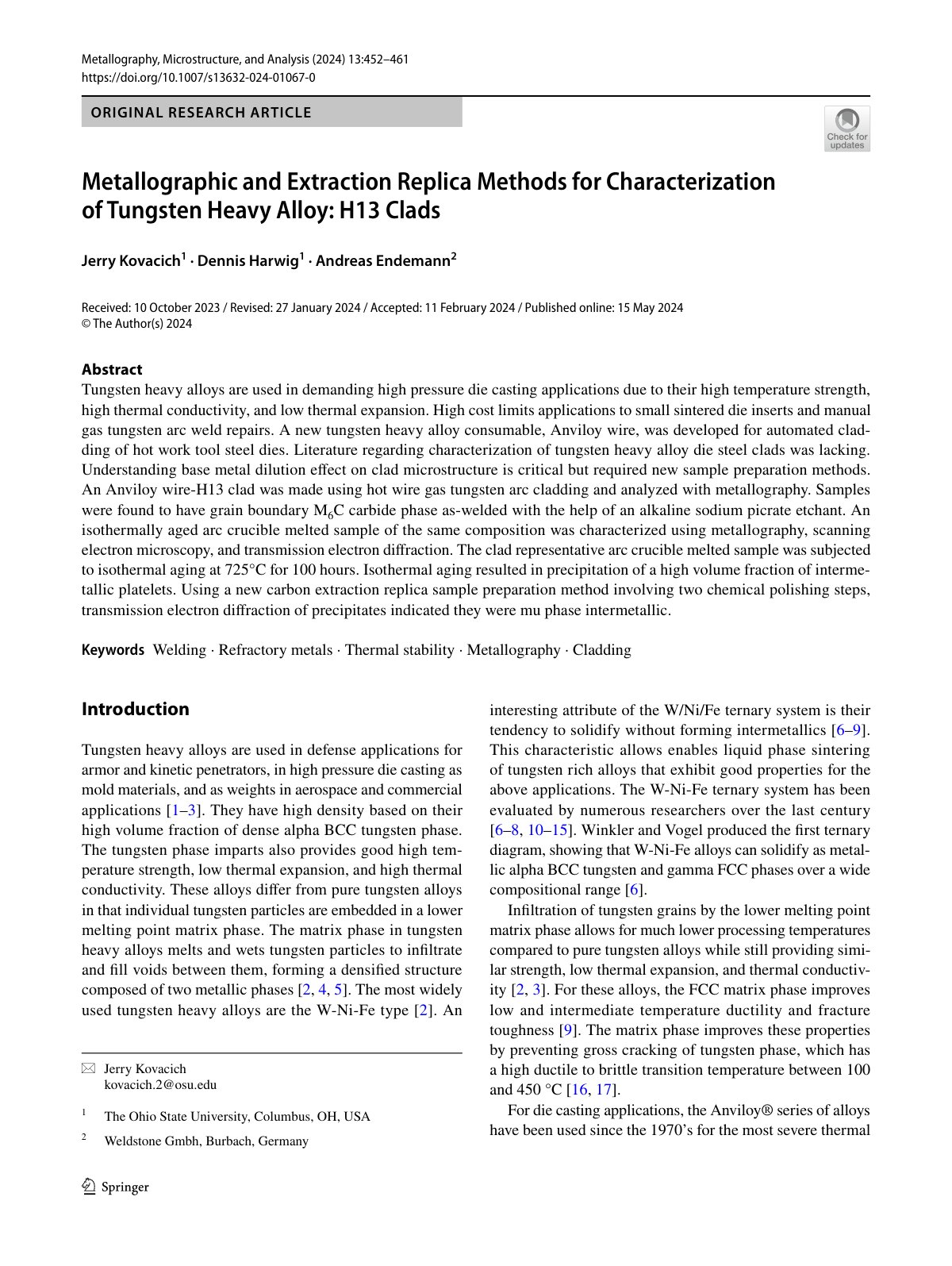 First page of Metallographic and Extraction Replica Methods for Characterization of Tungsten Heavy Alloy: H13 Clads