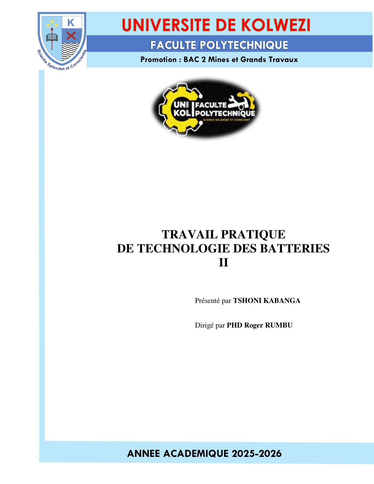 First page of TRAVAIL PRATIQUE DE TECHNOLOGIE DES BATTERIES II