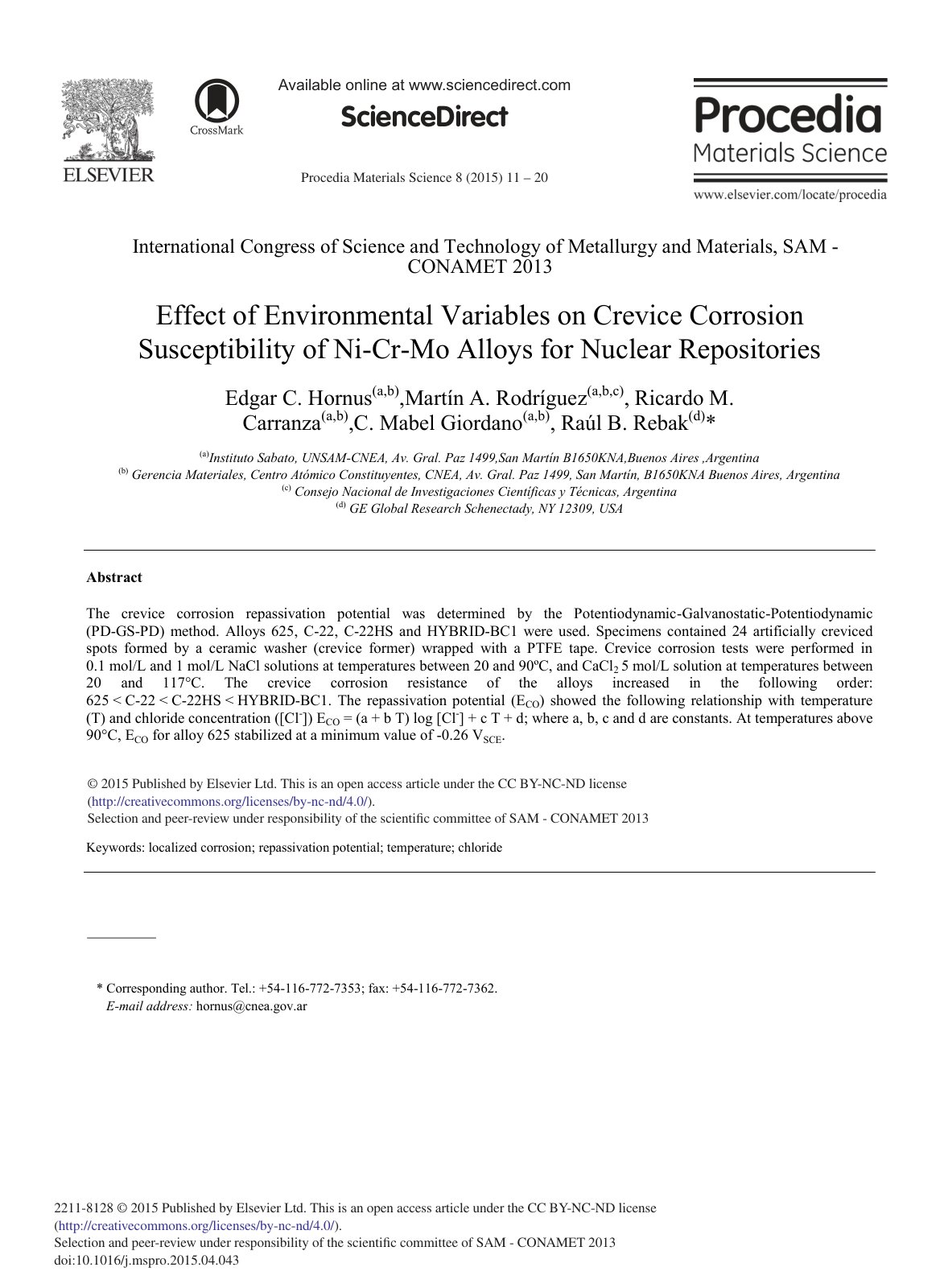 First page of Effect of Environmental Variables on Crevice Corrosion Susceptibility of Ni-Cr-Mo Alloys for Nuclear Repositories