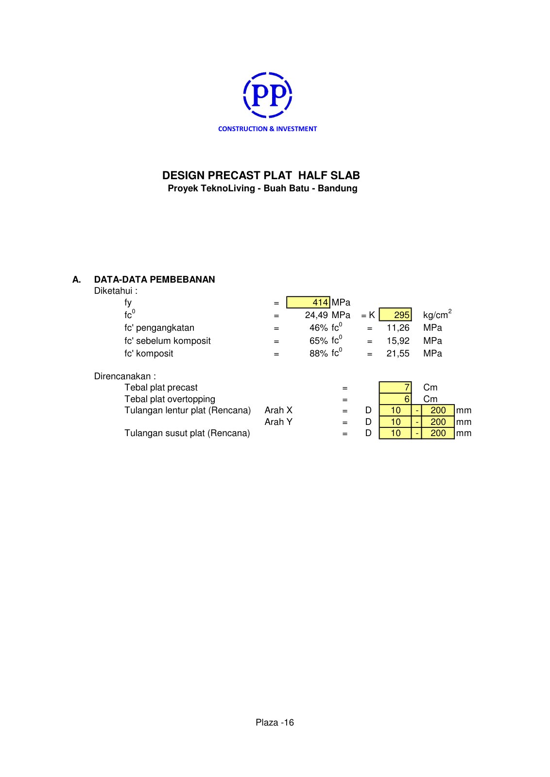 First page of DESIGN PRECAST PLAT HALF SLAB