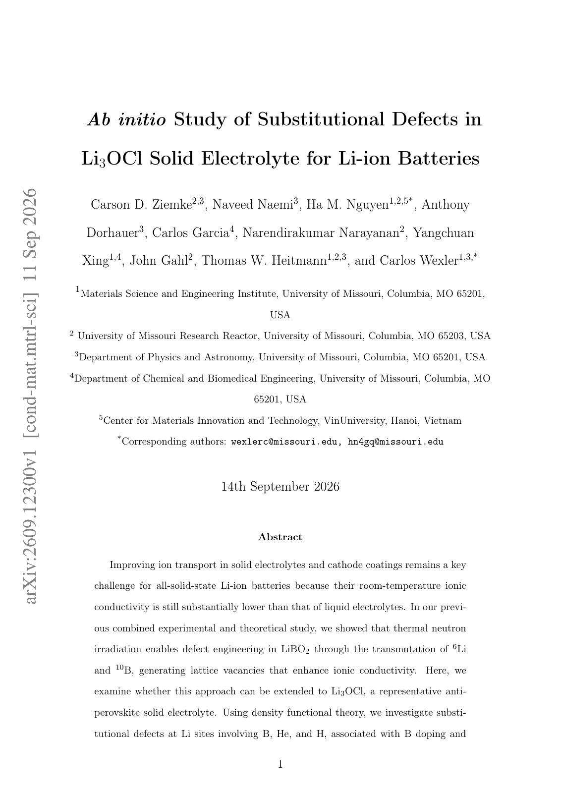 First page of Ab initio Study of Substitutional Defects in Li_3OCl Solid Electrolyte for Li-ion Batteries