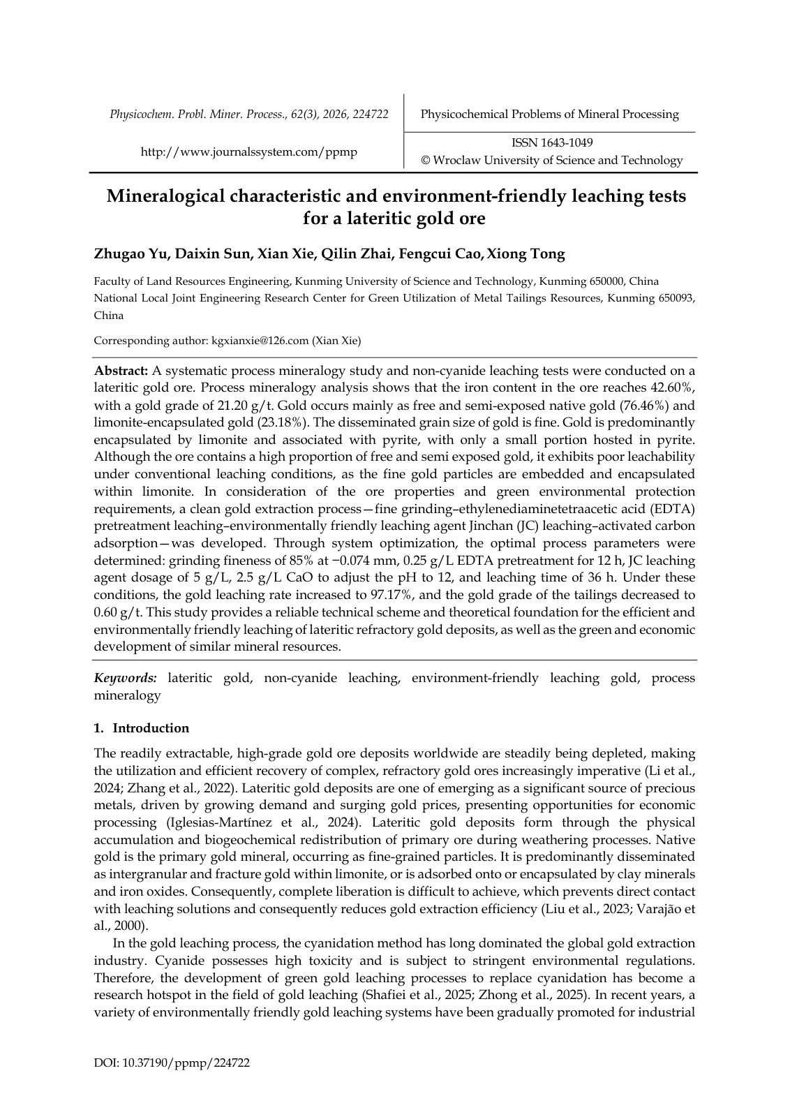 First page of Mineralogical characteristic and environment-friendly leaching tests for a lateritic gold ore