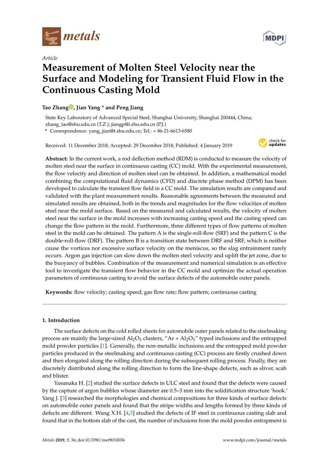 First page of 2019 Tao Zhang Measurement of Molten Steel Velocity near the Surface and Modeling for Transient Fluid Flow in the Contin met9010036