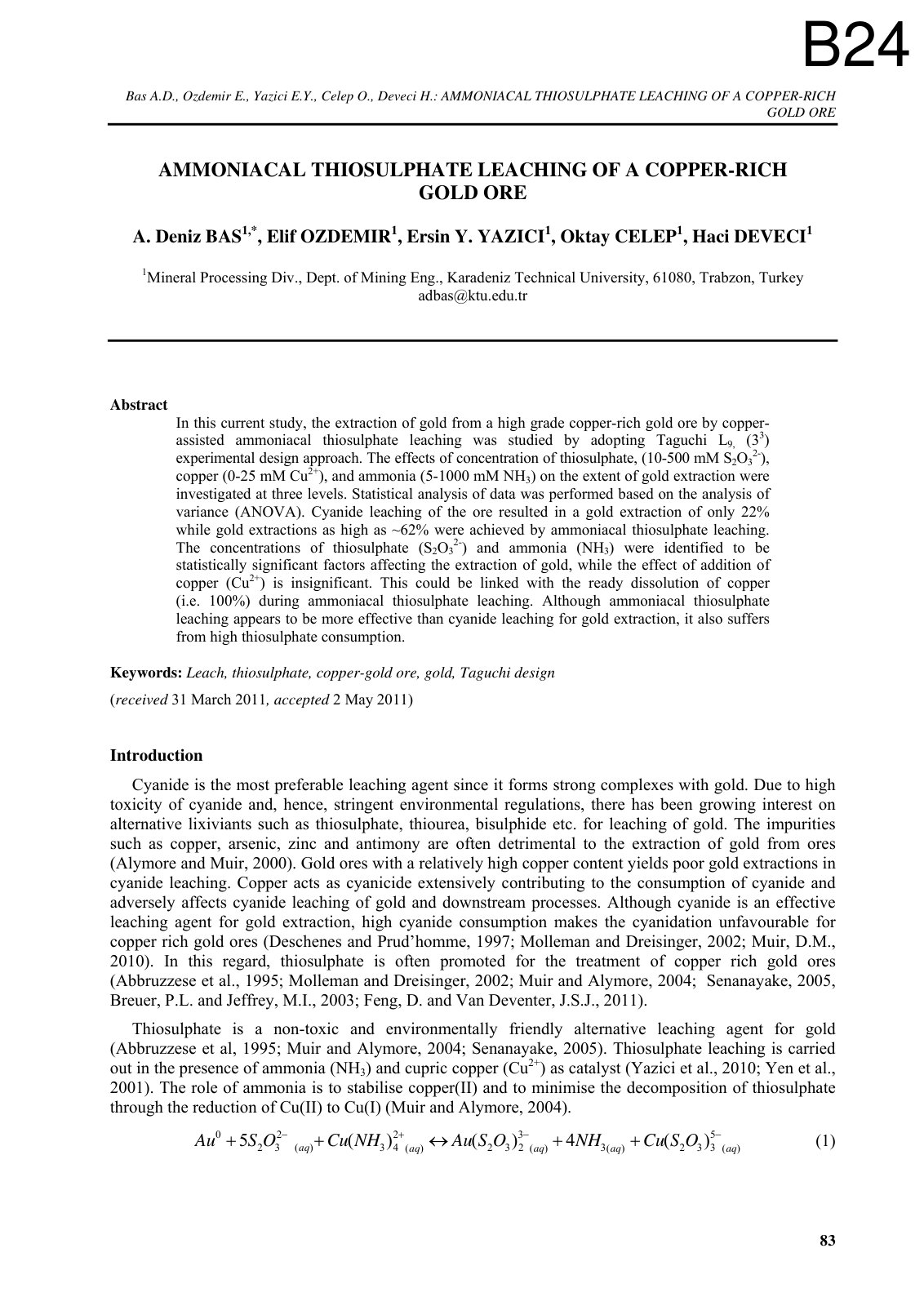 First page of AMMONIACAL THIOSULPHATE LEACHING OF A COPPER-RICH GOLD ORE