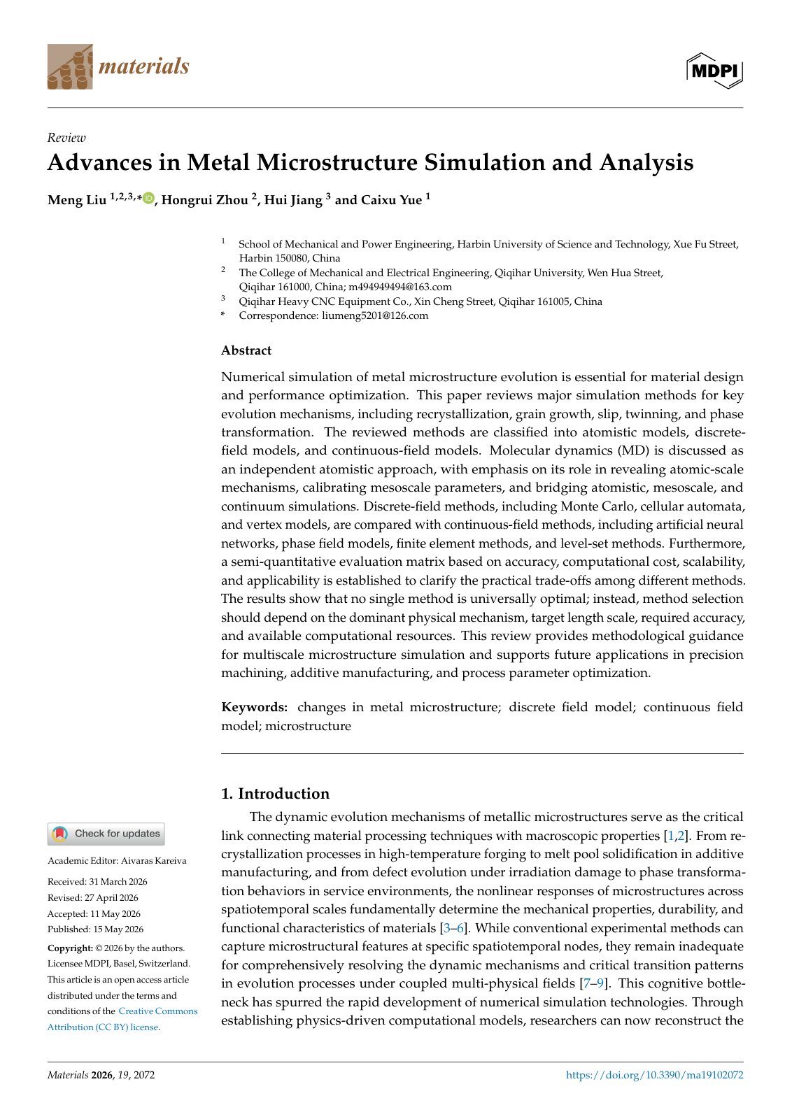 First page of Advances in Metal Microstructure Simulation and Analysis