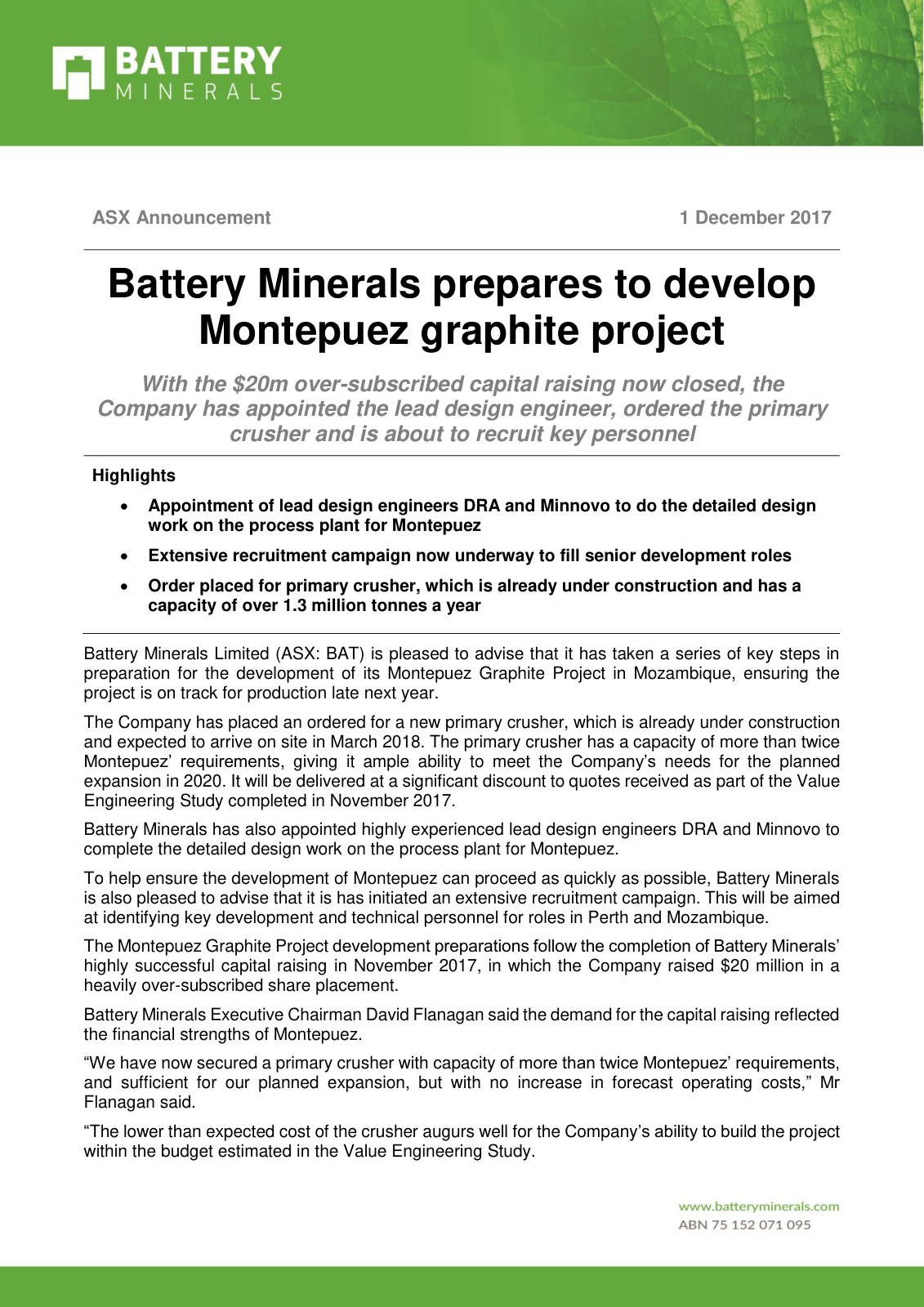 First page of 1 Dec 2017 Battery Minerals Prepares Montepuez for Development