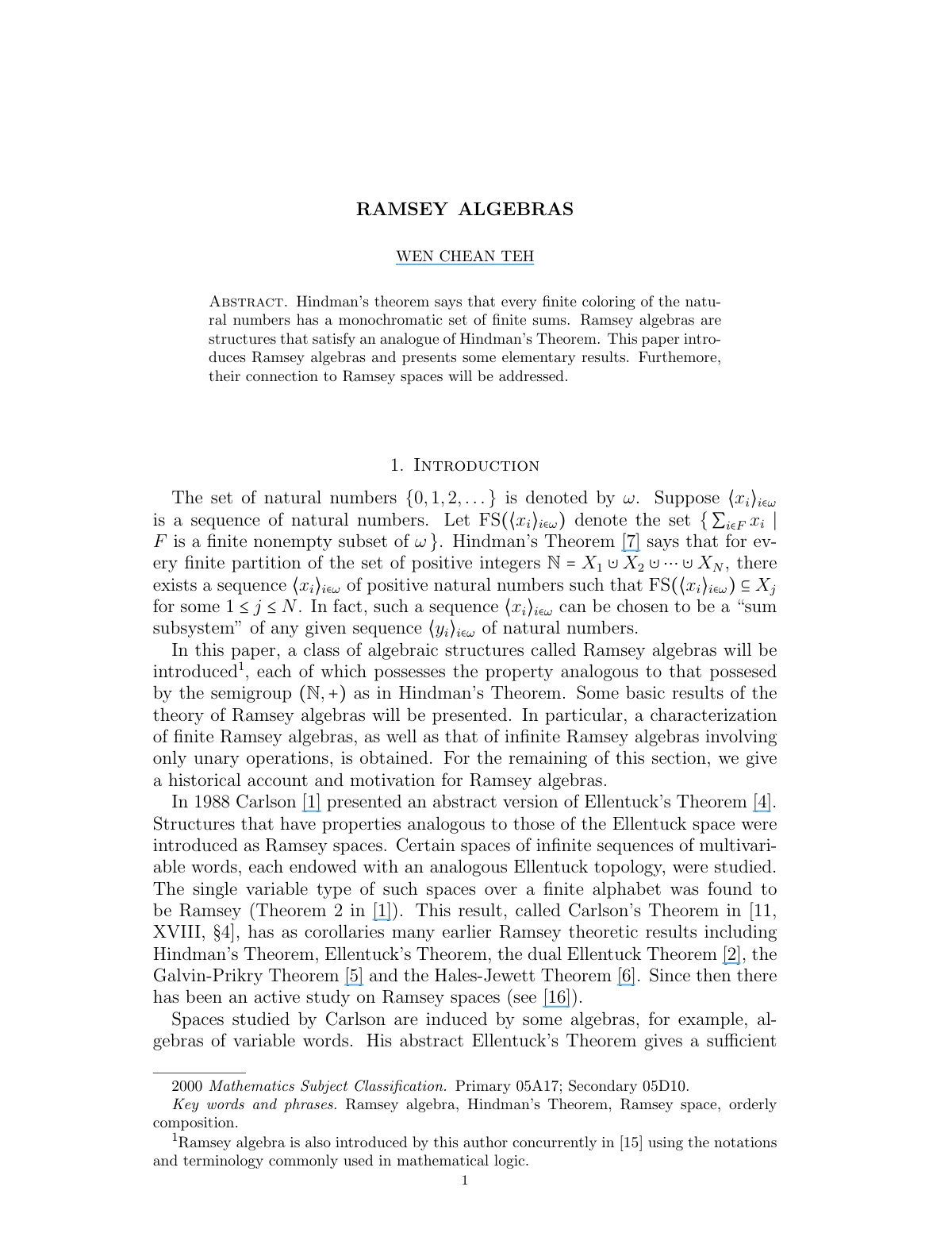First page of Ramsey Algebras under review