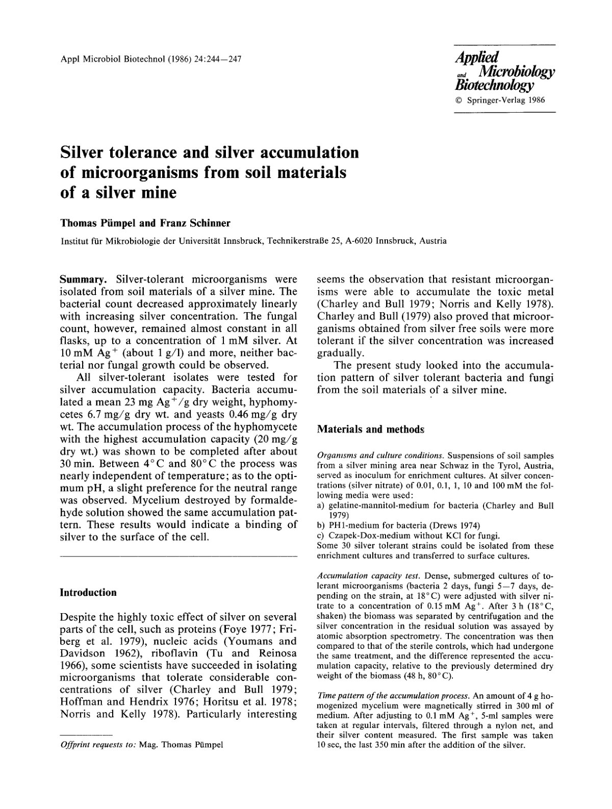 First page of Silver tolerance and silver accumulation of microorganisms from soil materials of a silver mine