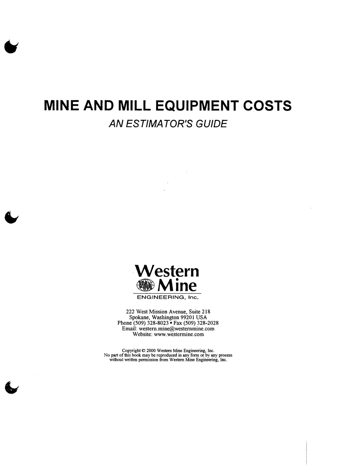 First page of Western Mine Engineering, Inc 2000.  Mine and Mill Equipment Costs   An Estimator's Guide
