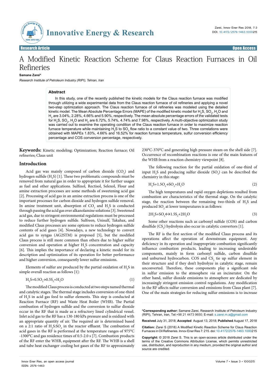 First page of A Modified Kinetic Reaction Scheme for Claus Reaction Furnaces in Oil Refineries