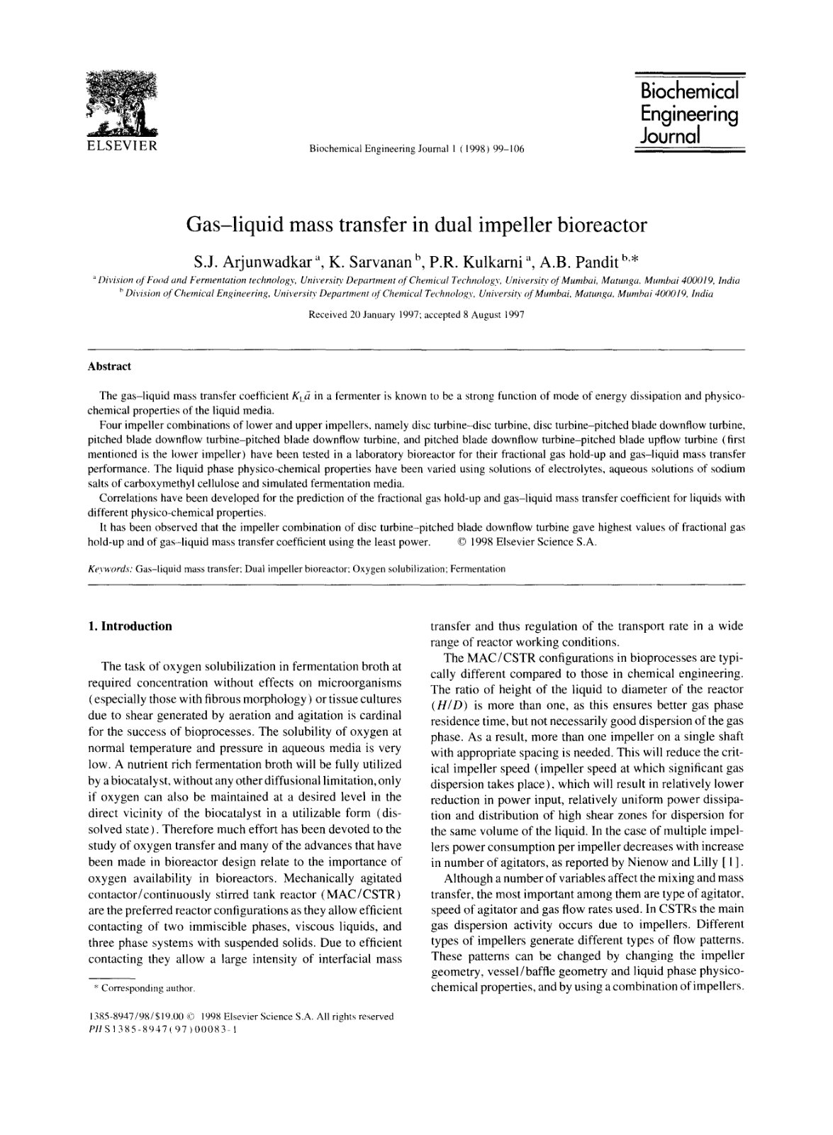 First page of Gas-liquid mass transfer in dual impeller bioreactor