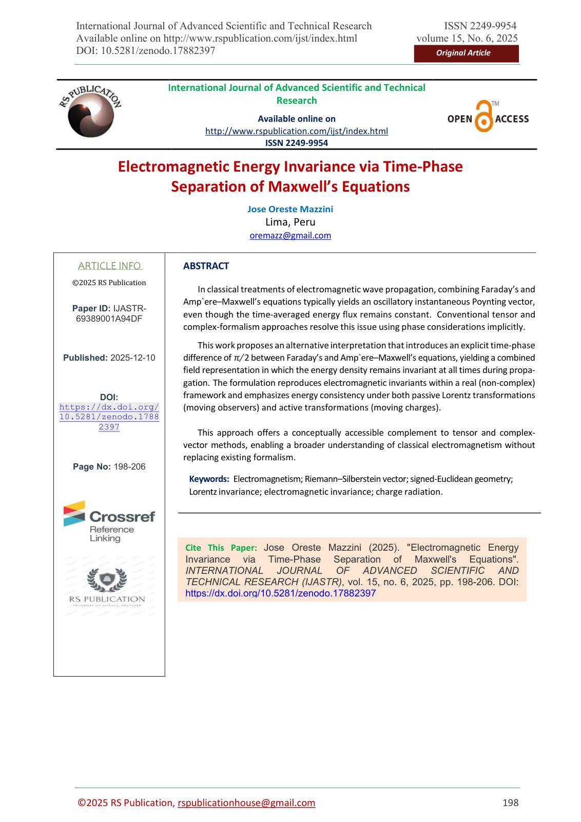 First page of Electromagnetic Energy Invariance via Ti