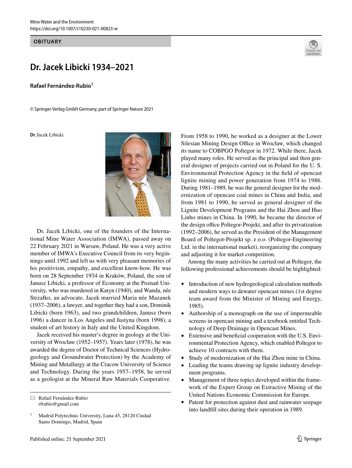 First page of Dr Jacek Libicki 1934 2021