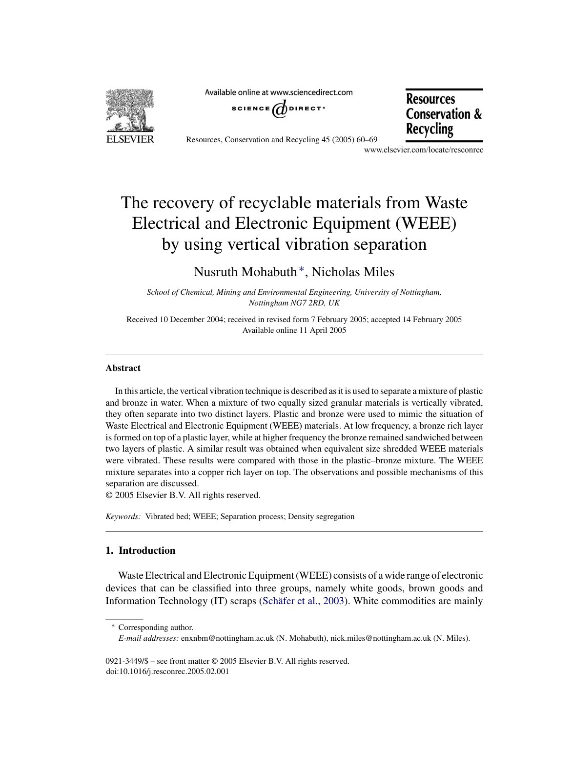 First page of The recovery of recyclable materials from Waste Electri 2005 Resources  Cons